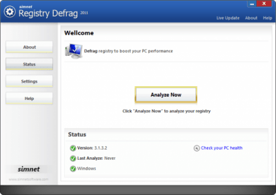 Capture d'écran de l'application Simnet Registry Defrag - #1