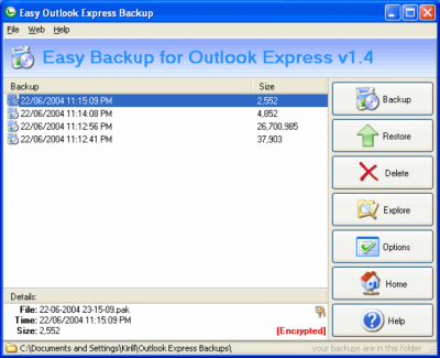 Capture d'écran de l'application Easy Backup for Outlook Express 2.1 - #1