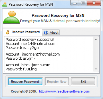 Capture d'écran de l'application Password Recovery for MSN - #1