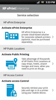 Capture d'écran de l'application HP ePrint Enterprise (service) - #1