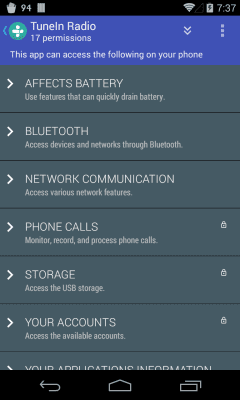 Capture d'écran de l'application aSpotCat (liste d'autorisations) - #5